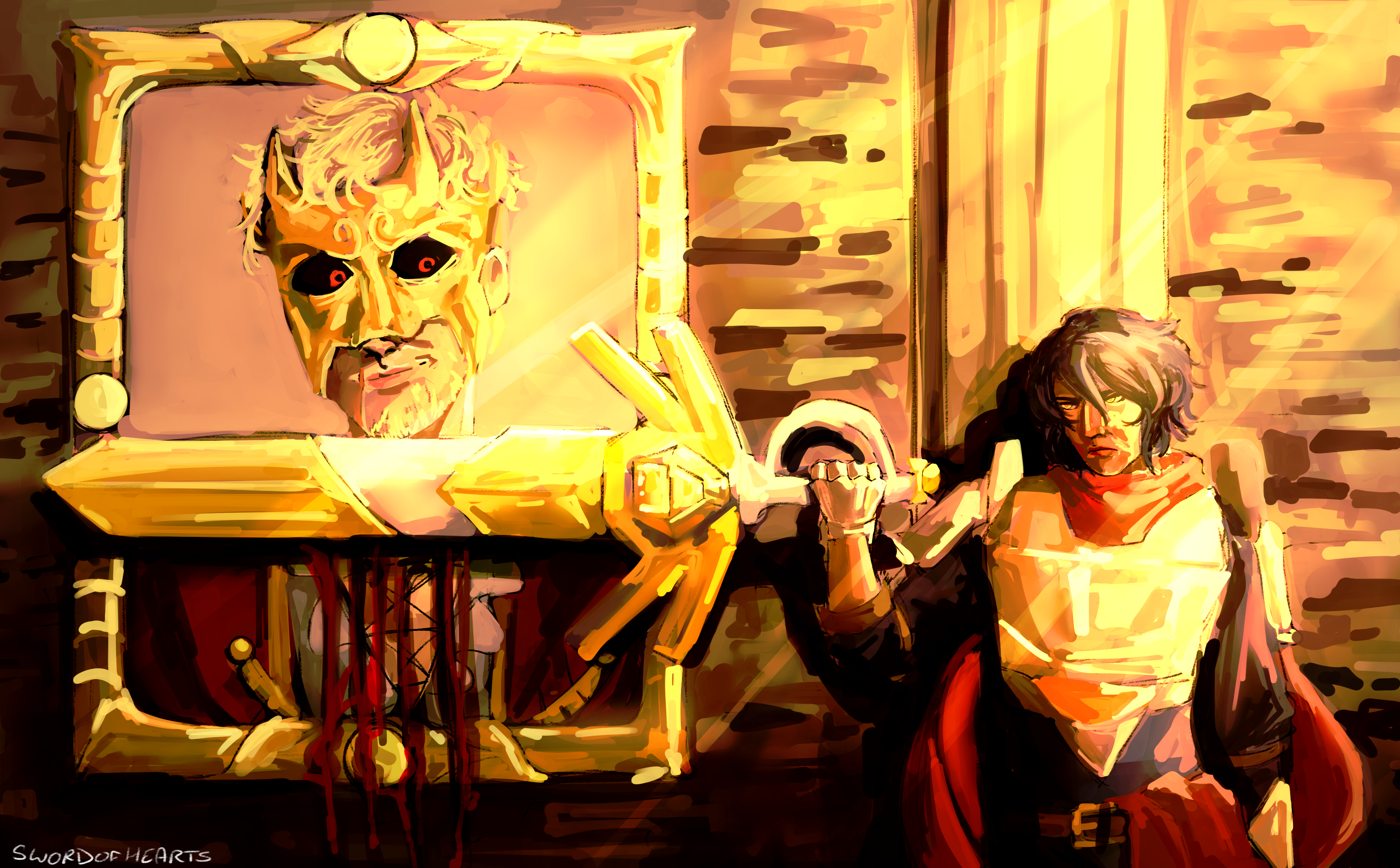 reid holding his sword to a painting of madoc